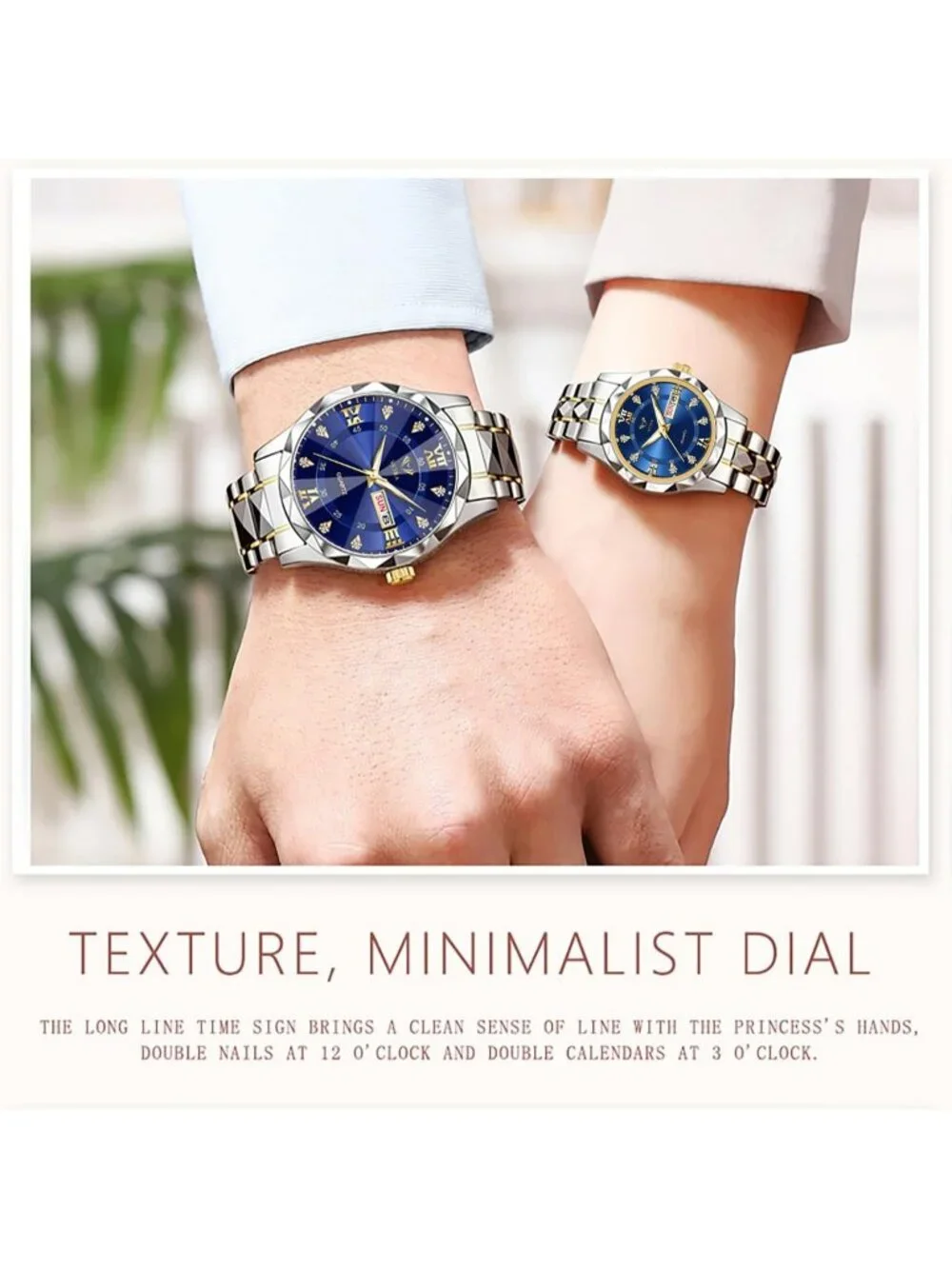 Men Women's Two tone band and Blue dial Watches Set Luxury Diamond for Couple
